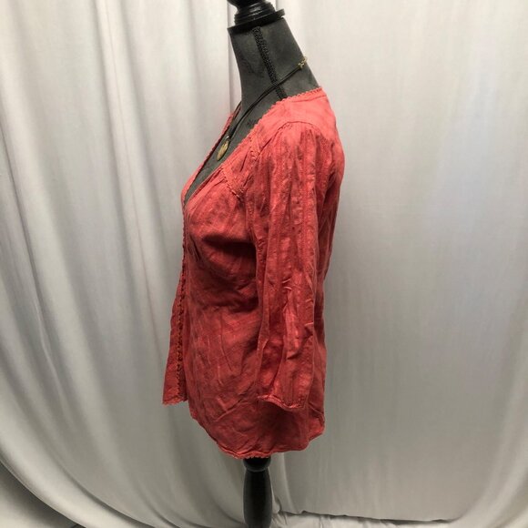 Sonoma Coral Cotton Blouse Womens Size Medium Button Front V-Neck Boho Top - Picture 4 of 9